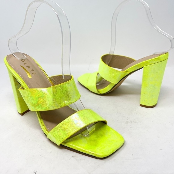 Glaze Iridescent Metallic Yellow Double Strap Mule Sandal Block Heels Size 9 - Picture 1 of 8